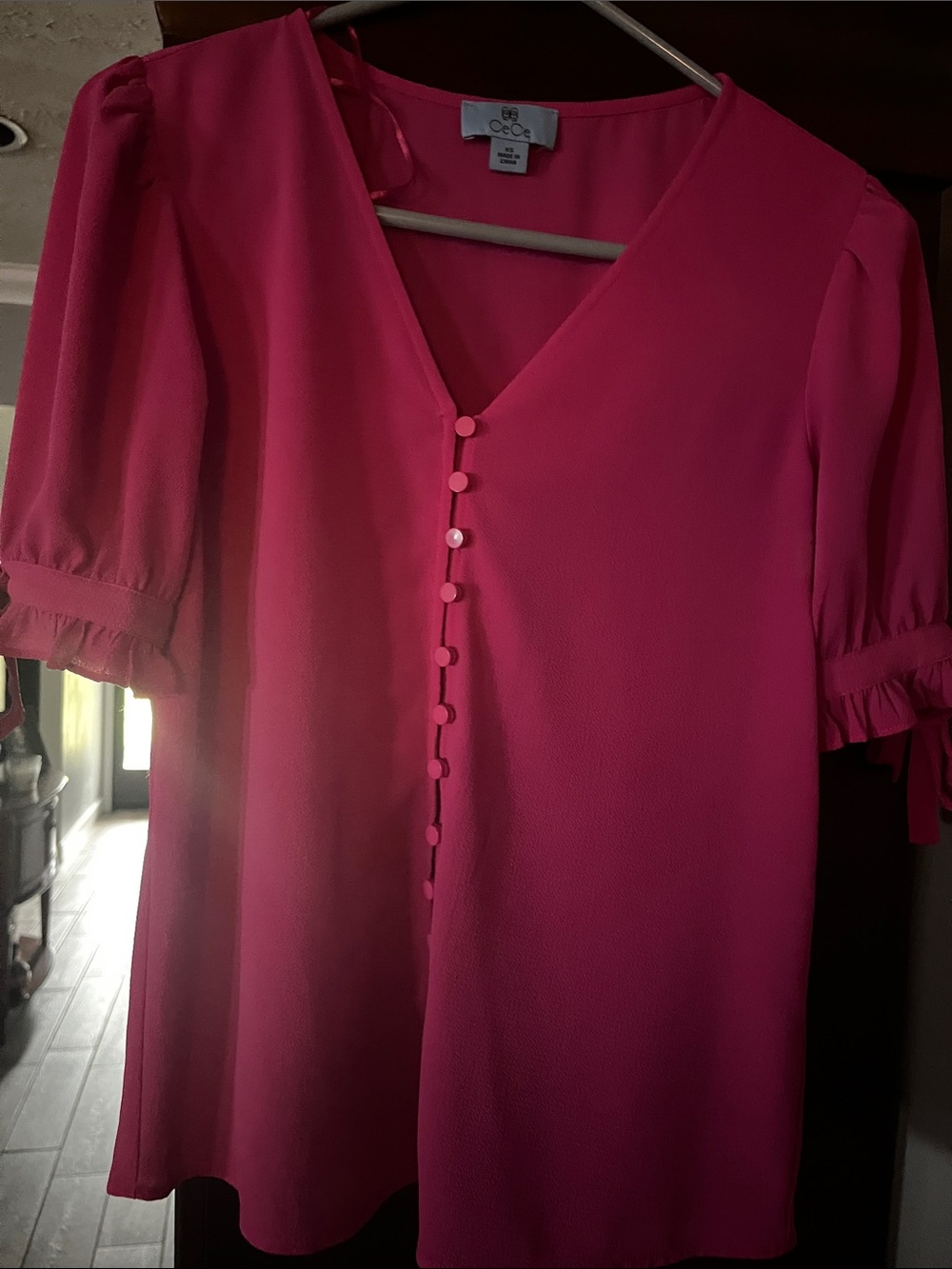 CeCe Hot Pink V-Neck Button-Front Blouse